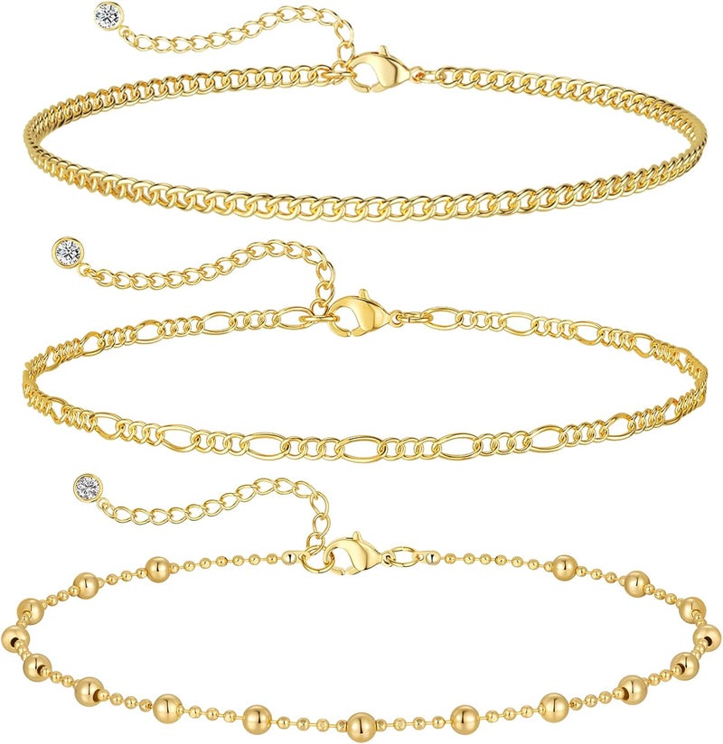 MIDEEO Gold/Silver Ankle Bracelets for Women,14K Gold Anklets for Women Waterproof Cuban Link Heart Beads Herringbone Rhinestone Anklets Set Layered Anklet Bracelets for Women Gold Jewelry Gift - Image 1